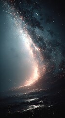 Wall Mural - The background is black, a galaxy in the shape of a 'Milky Way', consisting of silver flashes of stars surrounded by glowing particles