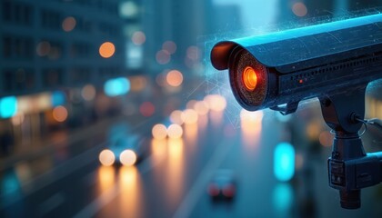 Futuristic surveillance camera monitors city traffic night. Digital overlays enhance urban street scene with car lights bokeh effect. Modern tech solution for security, safety of transport, smart