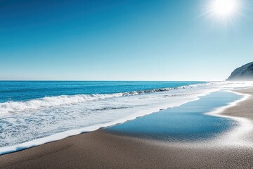 Wall Mural - Sunlit beach with gentle waves under a clear blue sky, perfect for relaxation and leisure activities, Sunlit beach with gentle waves and clear blue sky