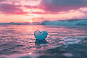 Wall Mural - Gentle hearts floating on a pink ocean during a serene sunset over tranquil waves, Pink and blue heart floating on a pink ocean at sunset