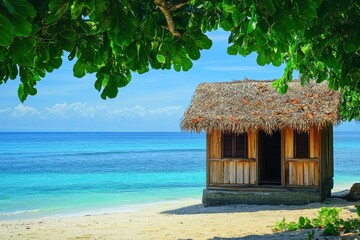 Wall Mural - Tropical beach hut overlooking the calm turquoise sea on a sunny day, Private of tropical beach hut over turquoise sea water on Tropical Island