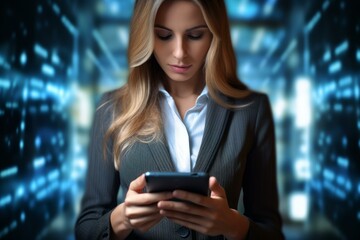 Wall Mural - businesswoman using digital tablet in server room with futuristic data flowing, concept of cloud com