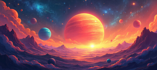 Wall Mural - Colorful planet illustration space background. Fantasy art with vibrant planets, galaxies, nebula. Cosmic landscape, digital painting. Stars in the night sky, beautiful colorful design.