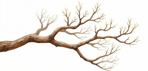 Watercolor illustration depicts dry tree branch with small leaves buds. Tree branch is curved, isolated on white background with dry sticks in background. Botanical natural decoration art.
