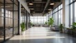 © UniqueStore - Modern office hallway with large windows and plants interior corridor