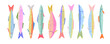 © Anastasiia Hevko - Colorful funky crayon drawn decorative sardines. Cartoon stickers of fish. Bright doodle illustration with pencil cute texture. Kid drawn sardine, tuna, salmon, mackerel. Playful portugal fish.