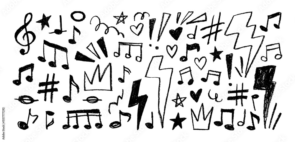 Crayon drawn music notes, punk lightnings, hearts and stars. Hand drawn ...