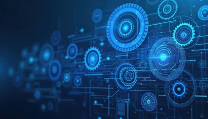 futuristic blue tech background with gears, arrows. illustration of digital innovation, mechanical p