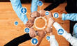 © InfiniteFlow - A captivating image showcasing diverse hands joining in unity over a table, symbolizing collaboration and innovation, with icons representing business and technology concepts. Amity