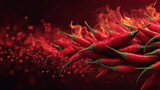 Ognisty pęd: grupa czerwonych papryczek chili z ognistymi płomieniami i latającymi drobinkami na tle głębokiej czerwieni. Symbol intensywnego smaku.