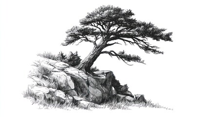  A grayscale drawing of a tree on a rock face