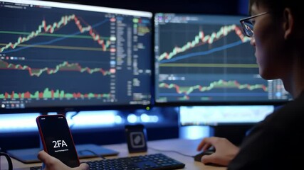 A person views dual monitors displaying stock charts while holding a phone displaying 2FA