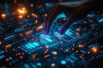 Wall Mural - futuristic digital hand concept surrounded by bright technological visuals