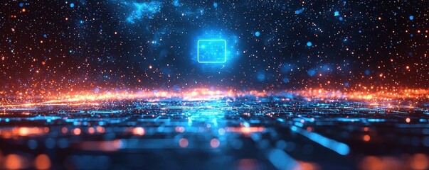 Wall Mural - futuristic digital grid with glowing blue element and neon highlights