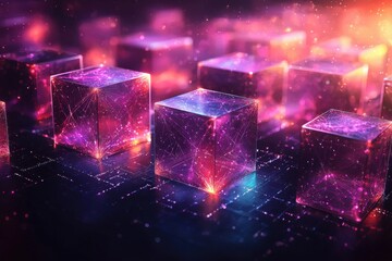 Wall Mural - futuristic glowing digital cubes with vibrant colors and interconnected patterns