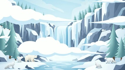 Arctic scene waterfall icy mountains polar bear family and arctic foxes in a snowy landscape