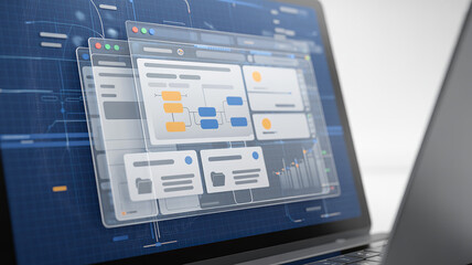 Digital Interface Design: Futuristic user interface design on laptop screen, showcasing innovative software application with data visualization elements, clean aesthetic and modern technology.