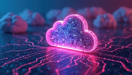 Illustration of cloud computing technology concept. Cloud-shaped circuit board with data transfer network. Digital information storage online data network. Futuristic tech concept. Cyberspace