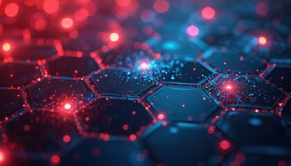 Abstract illustration digital background with glowing hexagons in red, blue colors. Futuristic tech design with network connection concept. Suitable for tech, modern presentations, web design, data