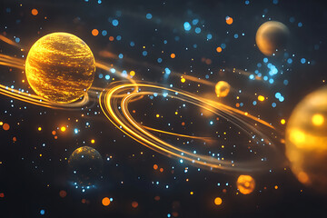 Wall Mural - Celestial bodies with glowing rings and stars, showcasing a cosmic scene with a sense of wonderment