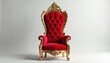 © Maryna - Red velvet and gold throne chair stands on white background. Symbol of royalty, power, luxury, elegance. Classic ornate design for palace interior, rich decor, high status.