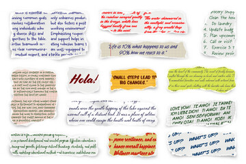 Wall Mural - Ripped paper strips with handwritten text. Realistic crumpled paper scraps with torn edges. Shreds of notebook, book or old newspaper pages. Trendy collage elements. Vector illustration