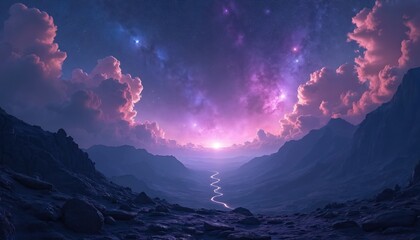 Wall Mural - dramatic landscape features starry sky, nebula clouds. mountain chain silhouettes at twilight. digit