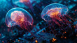 © Your Hand Please - A glowing jellyfish floats gracefully above a dark circuit board, blending organic life with futuristic technology. The luminous tentacles contrast with the sleek digital lines, symbolizing the fusion