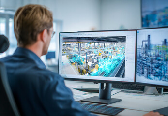 Male Engineer Creating Digital Twin for Industry 4.0 Factory Digitalization
