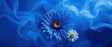 Subtle indigo smoke swirls around a blue chrysanthemum and white aster, submerged in water , composition, serene