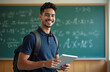© Maryna - Young latin student smiles in class holding tablet. Back to school concept. Happy guy wearing backpack in front of chalkboard with math formulas. Education, learning, knowledge concept.