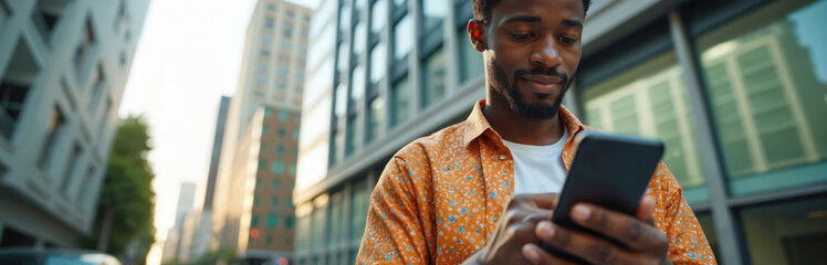 Young African American man uses smartphone. Happy black male types message in social network application on urban street. Guy holds phone, smiles, communicates. Digital technology, modern