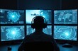 © Maryna - Operator in control room monitors drone strike. Headset, multiple screens show surveillance data. Military mission, warfare technology, defense concept, air force, strategy, digital intelligence.