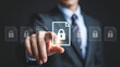 © Moeen - Businessman presses virtual document file with padlock, showing digital data protection, cybersecurity, data privacy and secure online access for business on dark background.
