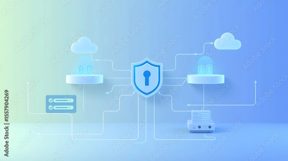 blue digital shield and cloud data flow animation with circuit lines ...