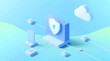 © El Zahra  - 3d illustration of a secure monitor interface with a shield lock icon, representing safe digital workspace and internet protection