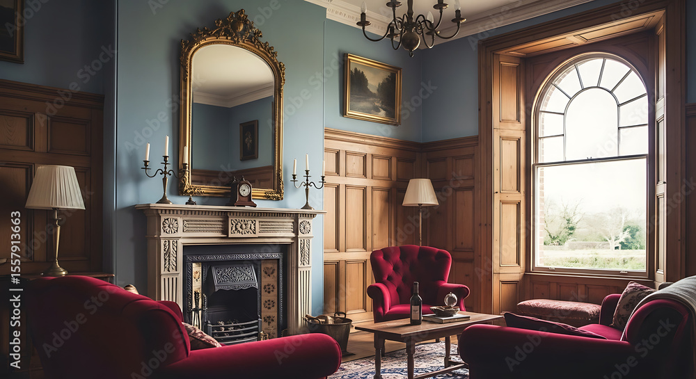 Elegant Victorian Drawing Room with Wood Paneling and Arch Window Stock ...
