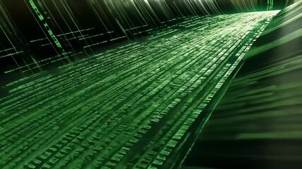 Abstract Digital Data Stream with Green Lines and Geometric Structure over Black Background