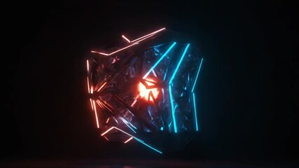 Wall Mural - Neon geometric cube glows, dark background, abstract design, digital art
