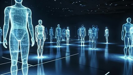 Wall Mural - hologram people standing in a vibrant, futuristic environment, illustrating the concepts of global c
