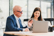 © PRIME STOCK LAB - Two businesspeople, senior man and young woman, collaborate happily at modern office desk with laptop, discussing work and sharing ideas in bright environment