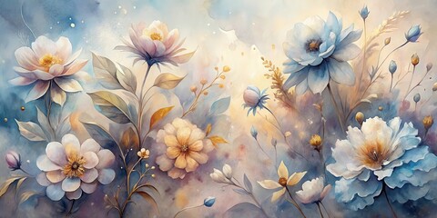 Wall Mural - Serene Watercolor Floral Composition Delicate Blooms and Gentle Hues in a Dreamlike Garden Setting