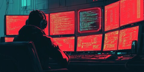 Person sitting in dark room surrounded by multiple glowing code-filled computer screens illuminated in red light, wearing headphones and focused on work