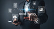 © mod - Man in suit interacting with access control interface featuring security icons and technology elements