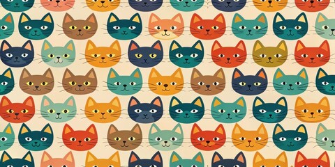Wall Mural - A Delightful Repeating Pattern Featuring a Multitude of Colorful Feline Faces, Ideal for Textile Designs and Cheerful Backgrounds