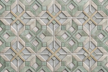 Wall Mural - Intricate Geometric Tile Pattern in Muted Green and Beige Tones Featuring a Complex Interlocking Design of Squares, Diamonds, and Crosses