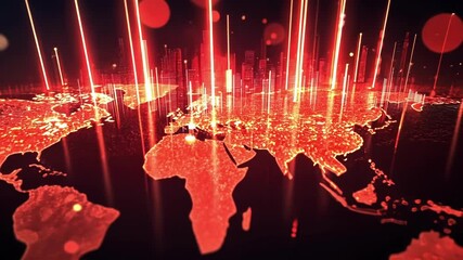 Wall Mural - beams of light rising from a glowing red world map in a dark digital environment representing global