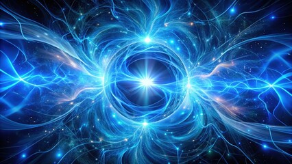 Wall Mural - Abstract Celestial Vortex A Radiant Energy Field with Glowing Filaments and Twinkling Lights in a Deep Blue Hue