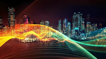 Wall Mural - colorful digital waves flowing across the illuminated skyline of a modern city at night create a vib