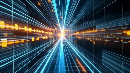Wall Mural - glowing blue and orange lines of code are streaming through a digital cyberspace tunnel, creating a 